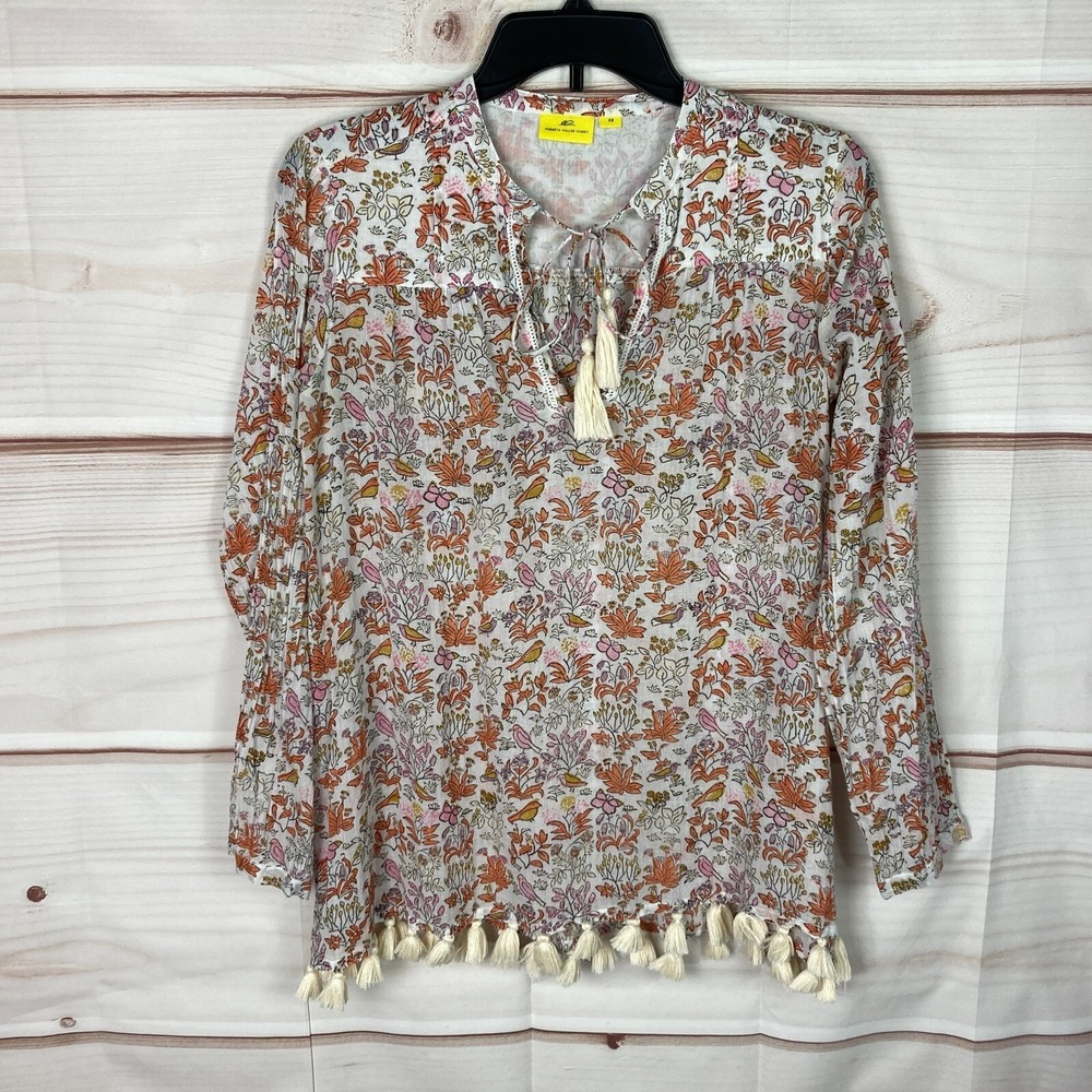 Roberta Roller Rabbit Top Womens XS Floral Bird Print Blouse Tassels Lightweight
